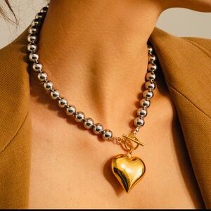 Ball chain toggle clasp chunky heart necklace stainless steel 18K gold plated